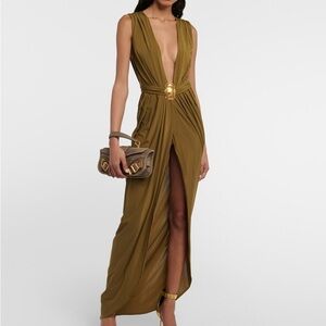 Balmain Embellished Goddess Draped Khaki Gown S